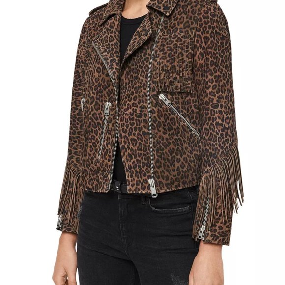 ALLSAINTS X Fringe-Trim Leopard-Print Suede Biker Jacket - LIMITED! - Picture 1 of 11
